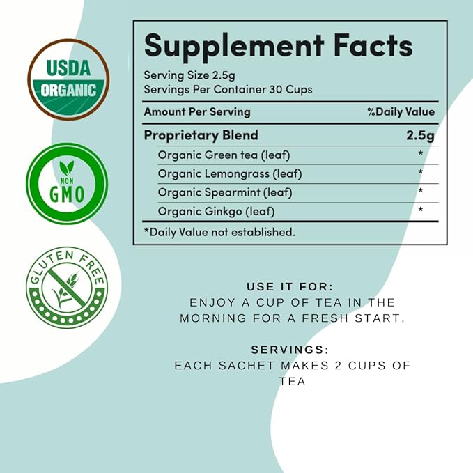 AutoimmuniTea –- AIP Energy Tea Blend, for Energy Boost, Cognitive Function, with Organic Green Tea, Lemongrass, and Spearmint - 15 Tea Bags (30 Cups) - Bloomnest
