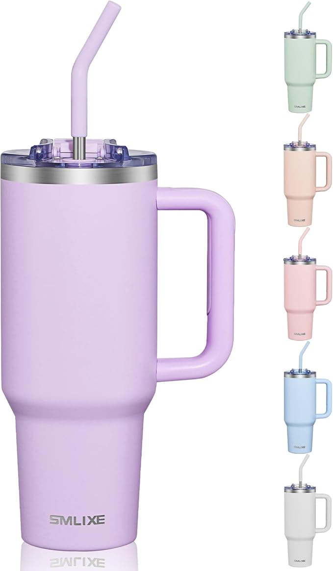 COKTIK 40 oz Tumbler With Handle and Straw Lid, Vacuum Insulated Travel Coffee Mug Stainless Steel Insulated Cup for Beverages, Leak-proof, Cupholder Friendly (Lavender) - Bloomnest