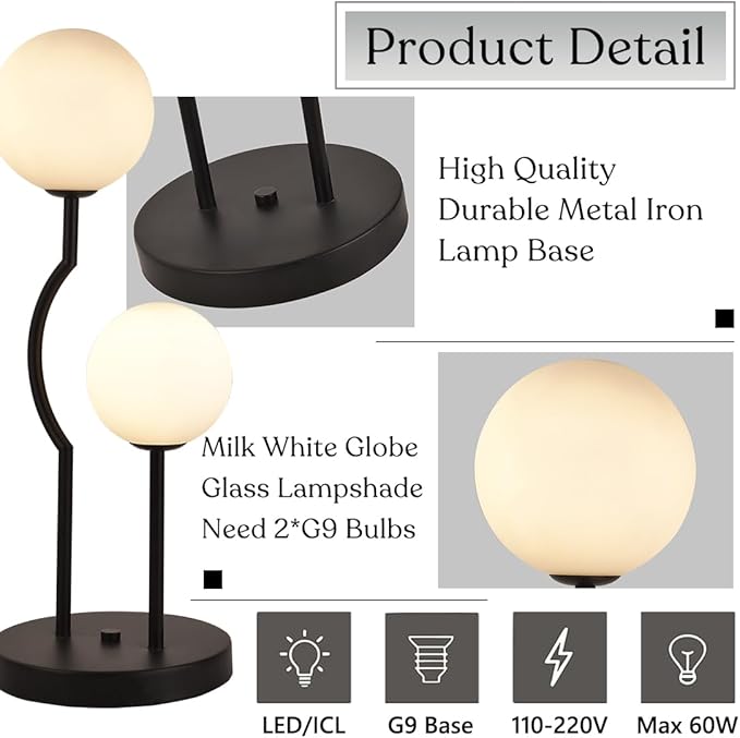 Black Mid Century Globe Table Lamp Industrial Retro 2 Lights Orb Desk Lamp with White Glass Globe Bedside Reading Light for Bedroom Living Room Study Room - Bloomnest