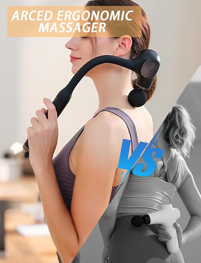 Deep Tissue Massage Gun with Bend Handle, 12MM Percussion, 4 Replaceable Heads, Less-Shock Design for Back, Neck, Foot, Leg, Shoulder - Bloomnest