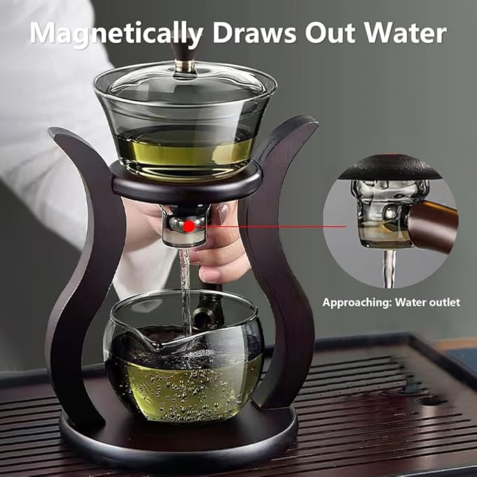 Lazy Kungfu Drip TeaPot, Heat Resistant Tea Set, Semi-Automatic Glass Teapot Suit for Magnetic Water Flow Wooden Glass Teapot Set