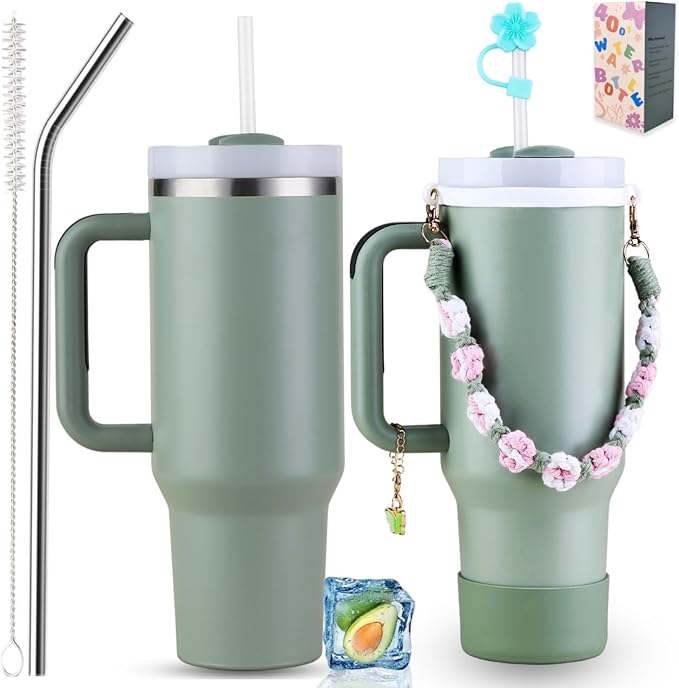 40 oz Tumbler Insulated Mug w/Straw & Flip Cap Lids - Cup Holder Bottle with 6 Accessories Set for Hot, Cold Drink - Leak-Proof - Water, Coffee Portable Travel Mug (Agave) - Bloomnest