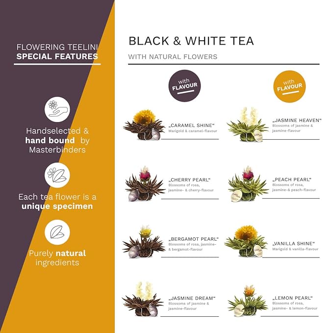 Creano Blooming Tea Tealini - Tea Flowers in Cup Size - Gift Set in Wooden Tea Box - 12 pcs in 8 Varieties - White Tea & Black Tea - Bloomnest