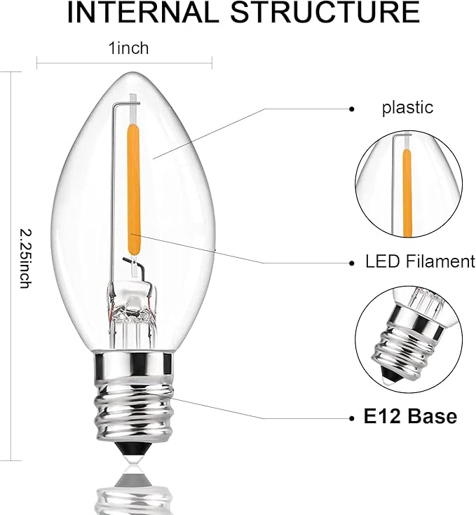 C7 LED Replacement Bulbs,25 Pack 0.6W C7 LED Christmas Lights Bulbs for String Lights,E12 Base,Warm White 2700K Waterproof Vintage Clear Bulbs for Night Light Candles Garden,Christmas - Bloomnest