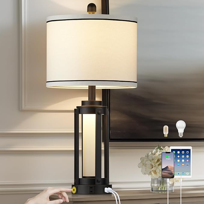 26" Modern Table Lamp with USB A+C Charging Ports & AC Outlet, Industrial Beside Contemporary Lamp Glass LED Night Light for Living Room Bedroom Nightstand End Table Single Black(2 Bulbs Included) - Bloomnest