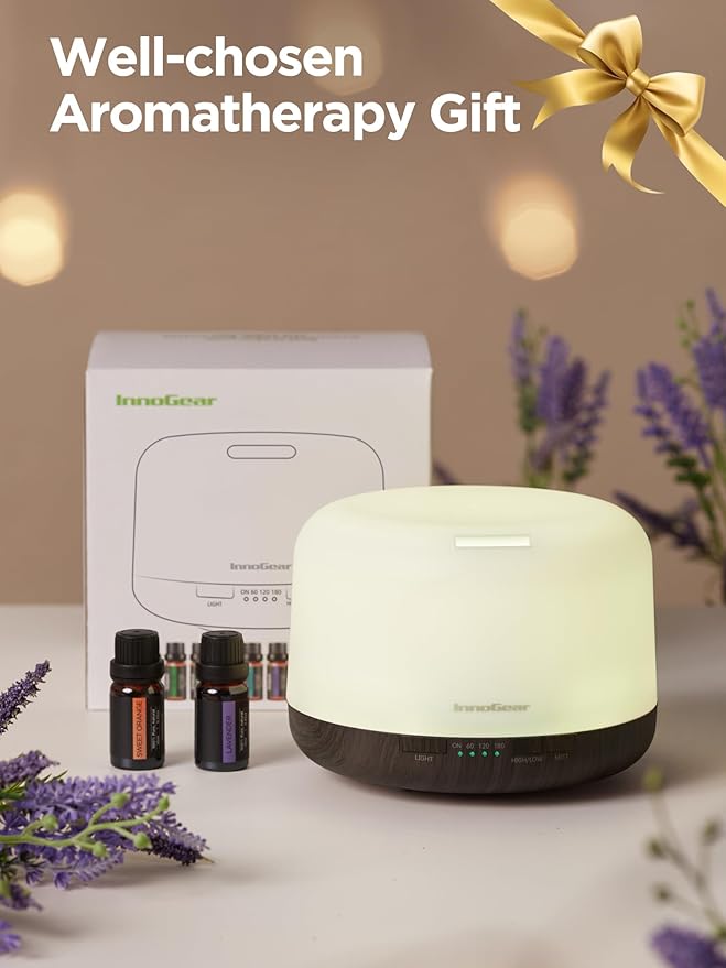 InnoGear Aromatherapy Diffuser & 10 Essential Oils Set, 500ml Essential Oil Diffuser with Remote Control Ultrasonic Cool Mist Scent Humidifier Vaporizer Auto-Off Timer for Room Office Home, Brown - Bloomnest