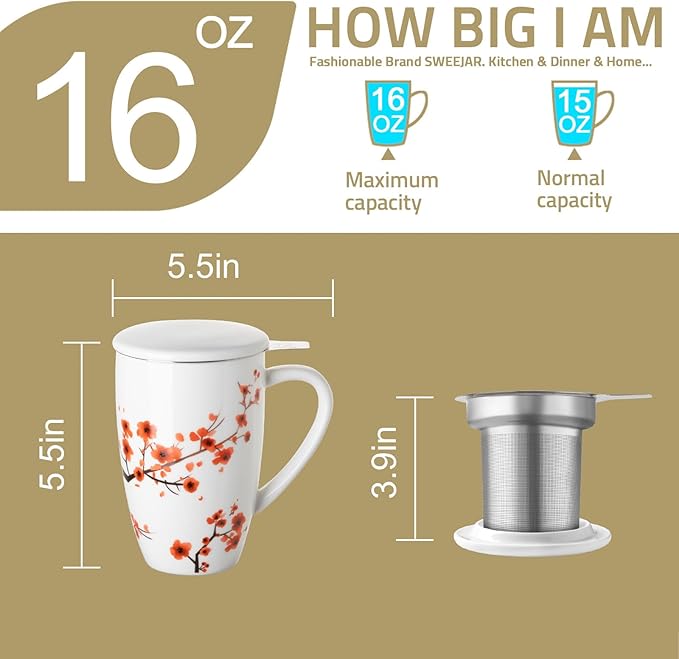 Sweejar Porcelain Tea Mug with Infuser and Lid,Teaware with Filter, Loose Leaf Tea Cup Steeper Maker, 16 Fl Oz for Tea/Coffee/Milk/Women/Office/Home/Gift (Plum Blossom) - Bloomnest