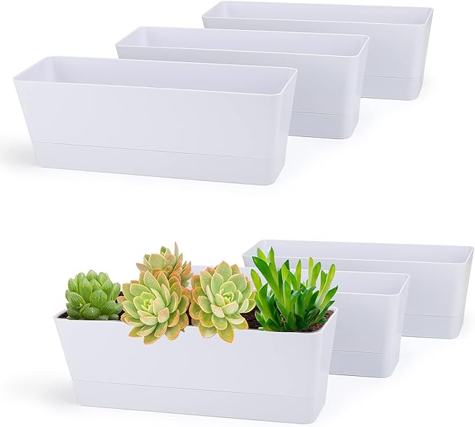 GREANER 12x3.8 Inch Herb Planters, 6 Pack White Rectangle Window Boxes with Tray, Indoor Succulent Cactus Mint Plastic Pot with Saucer for Windowsill, Balcony, Office, Outdoor Garden - Bloomnest