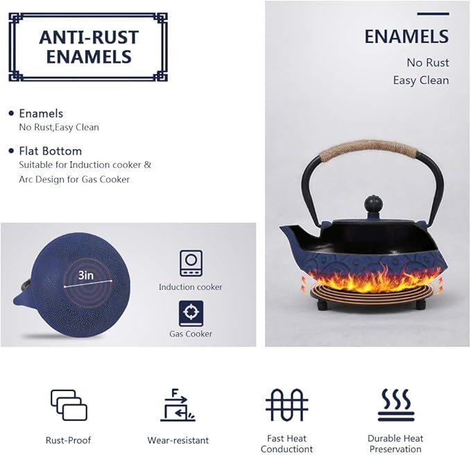 Japanese Style Cast Iron Teapot Set with 4 Tea Cups Iron Tea Kettle with Infuser Hemp Rope Trivet Asian Gift for Adults Parents (Fish Scale Pattern, Blue,Anti Rust) - Bloomnest