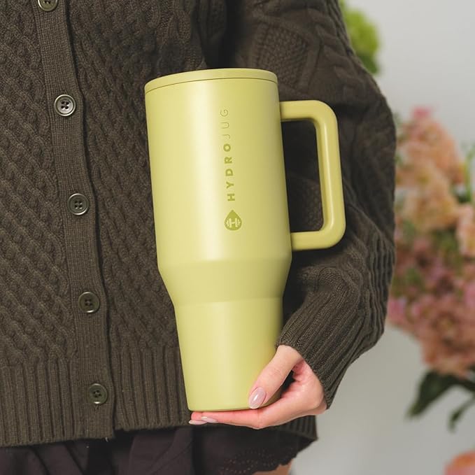 HydroJug Traveler - 40 oz Water Bottle with Handle & Flip Straw - Fits in Cup Holder, Leak Resistant Tumbler-Reusable Insulated Stainless Steel & Rubber Base - Gifts for Women & Men, Olive Hydrojug