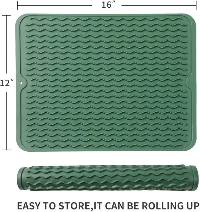 Silicone Dish Drying Mat for Multiple Usage,Easy clean,Eco-friendly,Heat-resistant Silicone Mat for Kitchen Counter or Sink,Refrigerator or drawer liner Green L 16 inches x 12 inches - Bloomnest