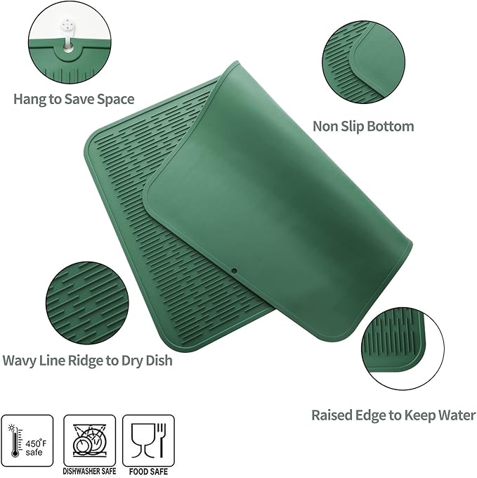Silicone Dish Drying Mat for Multiple Usage,Easy clean,Eco-friendly,Heat-resistant Silicone Mat for Kitchen Counter or Sink,Refrigerator or Drawer Liner Green 3XL 28 inches x 18 inches - Bloomnest