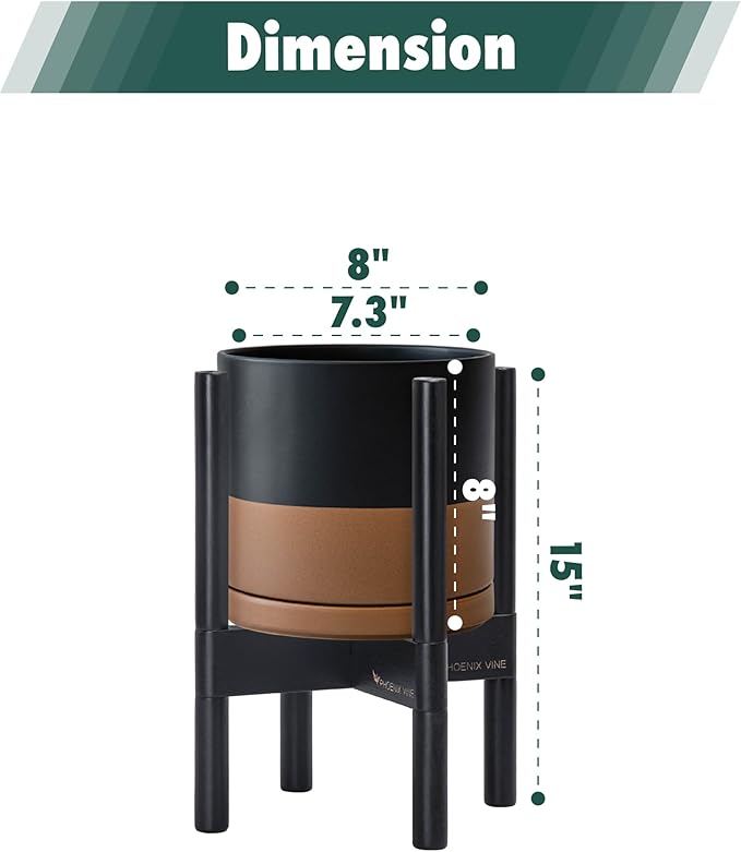 D'vine Dev Ceramic Planter with Ebony Stand - 8 Inch Modern Round Flower Pot with Wood Planter Holder, Black/Speckled Tan, 55-B-M-7 - Bloomnest
