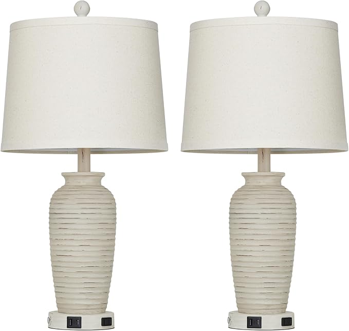 25" Retro White Farmhouse Jar Table Lamps Set of 2, 3 Way Touch Control Rustic Bedside Lamps with USB A+C Ports & AC Outlet, Pot Nightstand Lamps for Bedroom Living Room (LED Bulbs Included) - Bloomnest