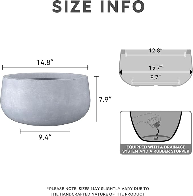 Kante 15.7" Dia Round Concrete Planter, Cement Plant Pots with Drainage Hole and Rubber Plug for Outdoor Indoor Garden Home, Modern Curvaceous Design, Gray - Bloomnest