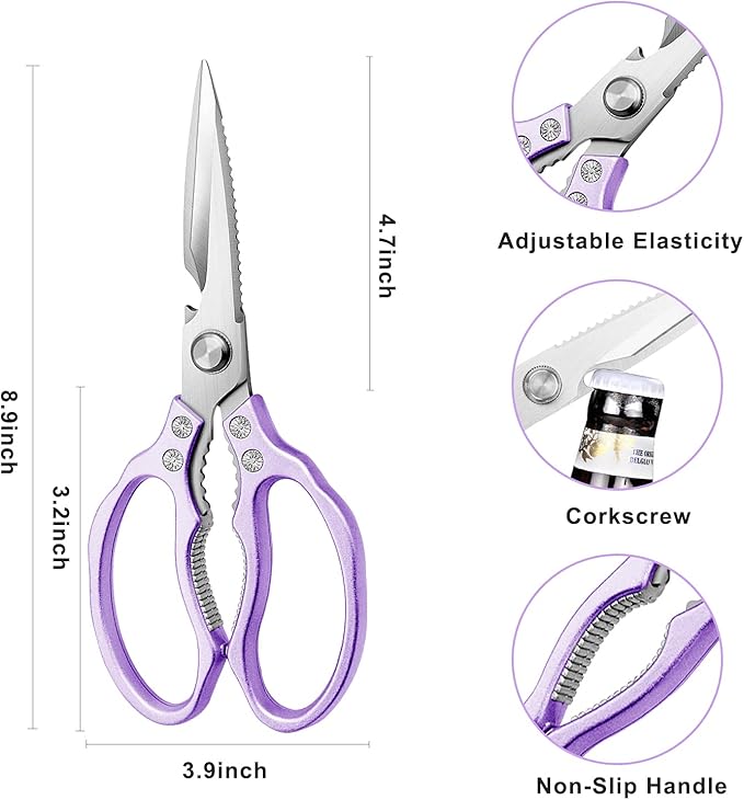 AWinjoy Heavy Duty Sharp Kitchen Scissors, Dishwasher Safe, Cooking Shears for Meat, Chicken, Fish, Poultry, Herb, Bread (Purple) - Bloomnest