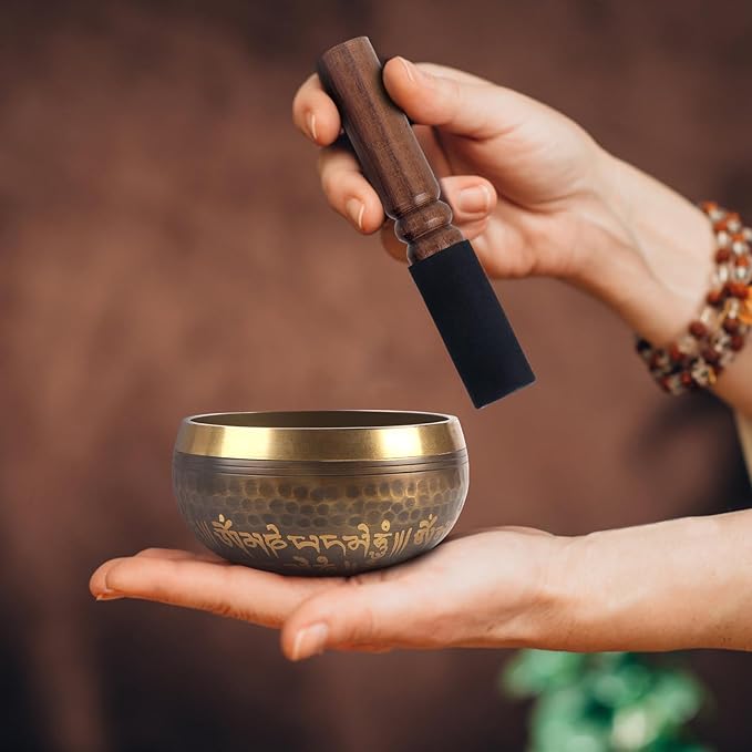 Kmise Tibetan Singing Bowls Set- Handmade in Nepal Meditation Sound Bowls for Yoga, Meditation, Mindfulness, Healing and Chakra Balancing, Stress Relief (4', Brown) - Bloomnest