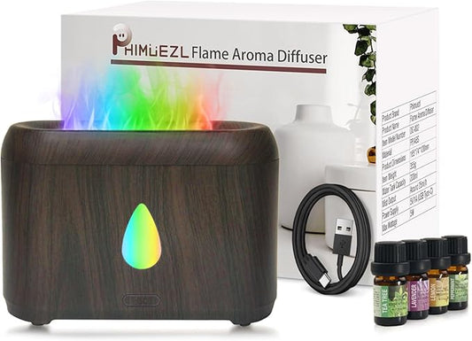 Flame Diffuser for Essential Oils, 200ml Ultrasonic Aroma Diffusers with Cool Mist, Aromatherapy Diffuser with Auto-Off Protection (Dark Wooden Grain(7 Colors), Peppermint+Lavender+Tea Tree+Lemon) - Bloomnest
