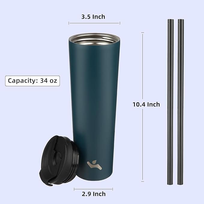 34 OZ Insulated Tumbler with Lid and 2 Straws Stainless Steel Water Bottle Vacuum Travel Mug Coffee Cup,Black - Bloomnest