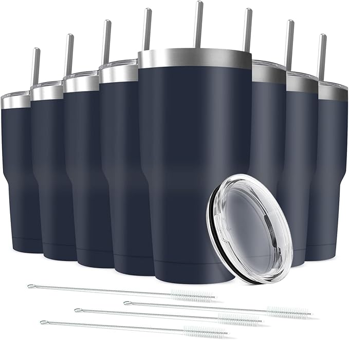 30oz Tumbler Vacuum Insulated Travel Mug with Lids, Stainless Steel Double Wall Bulk Cup for Home, Office, Outdoor Suitable for Vehicle Cup Holders(Set of 8, Navy) - Bloomnest