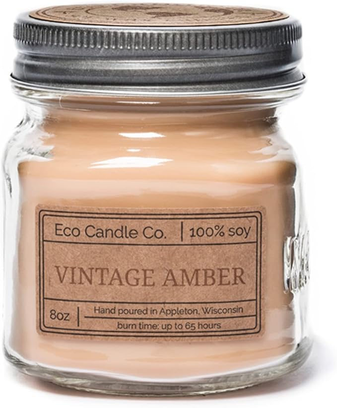 ECO CANDLE CO. Mason Jar Candle, Vintage Amber, 8 oz. - Scents of Wood Resin, Nutmeg, Cinnamon, & Vanilla - 100% Soy Wax, No Lead, Kraft Label & Antiqued Pewter Lid, Hand Poured, Midwest Soybeans - Bloomnest