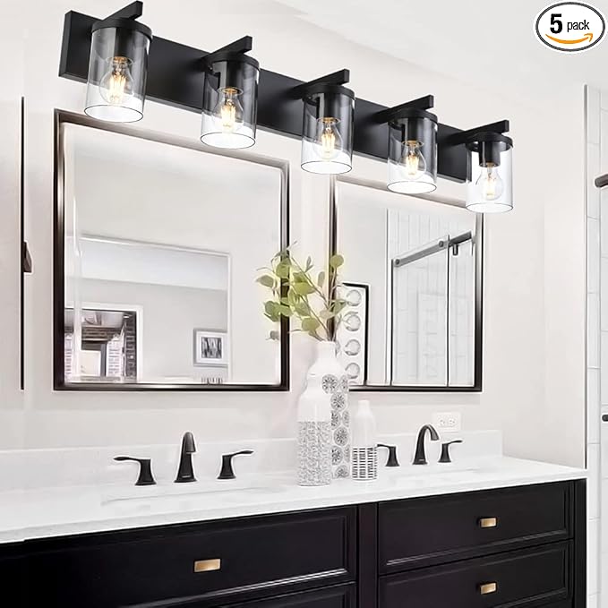 BONLICHT Industrial 5 Light Wall Mount Lighting Sconces Bathroom Vanity Light Matte Black Metal with Clear Glass Shade,Modern Farmhouse Wall Lamp Indoor Bath Wall Lamp Fixture Over Mirror - Bloomnest