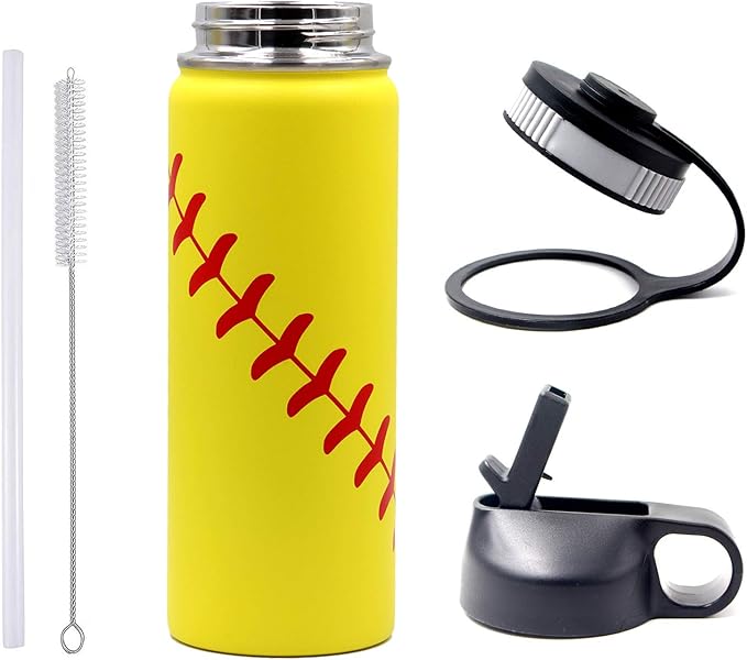 18 oz Softball Water Bottle, Wide Mouth Sports Flask Metal Travel Tumbler with 2 Lids, Stainless Steel Double Wall Vacuum Insulated Leak Proof Thermo Water Bottles, Softball Stuff Gifts for Mom Girls - Bloomnest