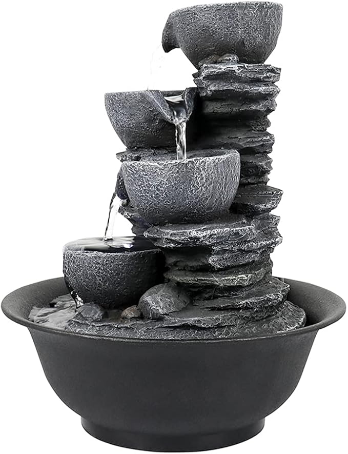 10.6” High Cascading Tabletop Fountain w/LED Light - 4-Tier Bowls Rock Water Fountains Indoor Small Relaxation Waterfall Feature for Home, Office and End Table Decoration (10.6" high, Gray) - Bloomnest