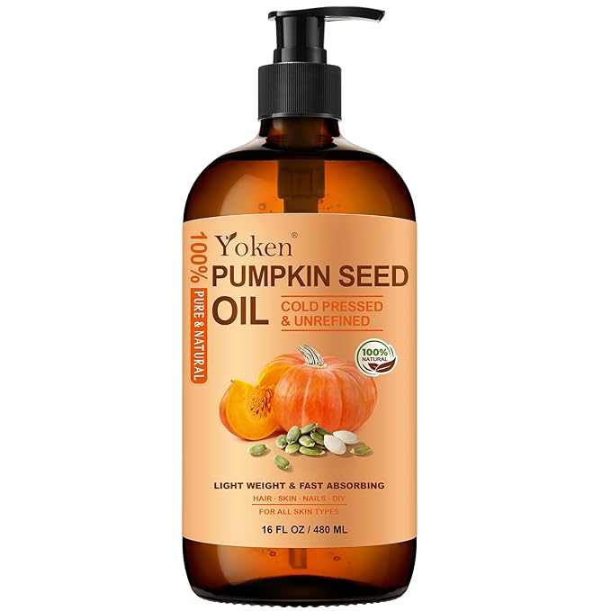 Cold-Pressed Pumpkin Seed Oil for Hair, Glass Bottle, 100% Pure & Natural Carrier, Massage Oils, Unrefined, 16 Fl Oz with Pump, Pumpkin Oil for Skin, Face, Nails, Body Moisturizer, Hexane-Free - Bloomnest