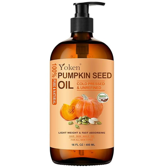 Cold-Pressed Pumpkin Seed Oil for Hair, Glass Bottle, 100% Pure & Natural Carrier, Massage Oils, Unrefined, 16 Fl Oz with Pump, Pumpkin Oil for Skin, Face, Nails, Body Moisturizer, Hexane-Free - Bloomnest