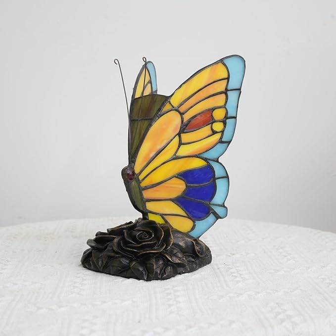 Blue and Orange Butterfly Table Lamp Small Tiffany Style Lamp Stained Glass Lamps Living Room Dorm Bedroom Vintage Art Unique Bedside Night Light Home Lighting Decor Kids Gifts Desk Lamps Rose Base - Bloomnest