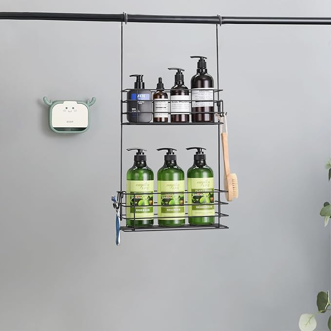 Shower Organizer Hanging Shower Caddy with Rotatable Hook bar Over the Door and Can be Hung on the Faucet or Claw Foot, Stainless Steel Rust Proof and Durable （Black） - Bloomnest