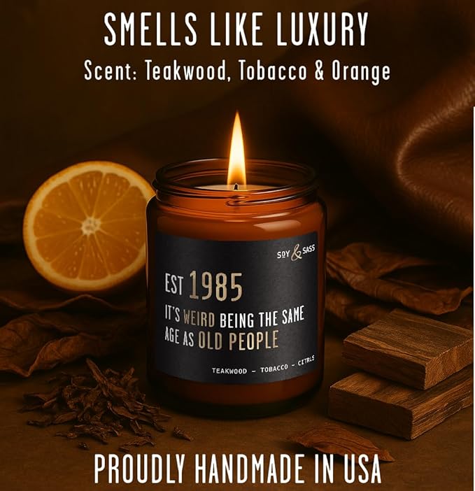 40th Birthday Gifts for Men/Women - 'Weird Being The Same Age as Old People' Soy Candle, w/Teakwood & Tobacco I 40th Birthday Gifts for Men/Women 1985 I 40 Year Old Gift for Men I Made in USA - Bloomnest