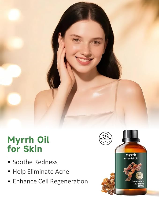 Pure Myrrh Essential Oil, Mumianhua Therapeutic Grade Natural Myrrh Oil for Skin Care, Aromatherapy, Beard Care, Earthy Candle Making, Cleaning Blends & Home Purifier 3.38 Fl Oz - Bloomnest