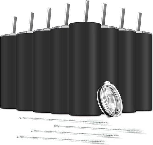 8 Pack Stainless Steel Skinny Tumbler, 20 OZ Double-Insulated Water Tumbler Cup with 8 Straw and 4 Brush, Vacuum Travel Mug Gift for Hot Cold Drinks with Cleaning(Black) - Bloomnest