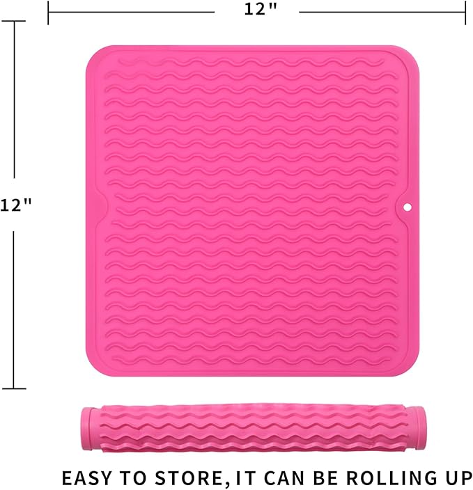 Silicone Dish Drying Mat for Multiple Usage,Easy clean,Eco-friendly,Heat-resistant Silicone Mat for Kitchen Counter or Sink,Refrigerator or Drawer liner Rose M 12 inches x 12 inches - Bloomnest