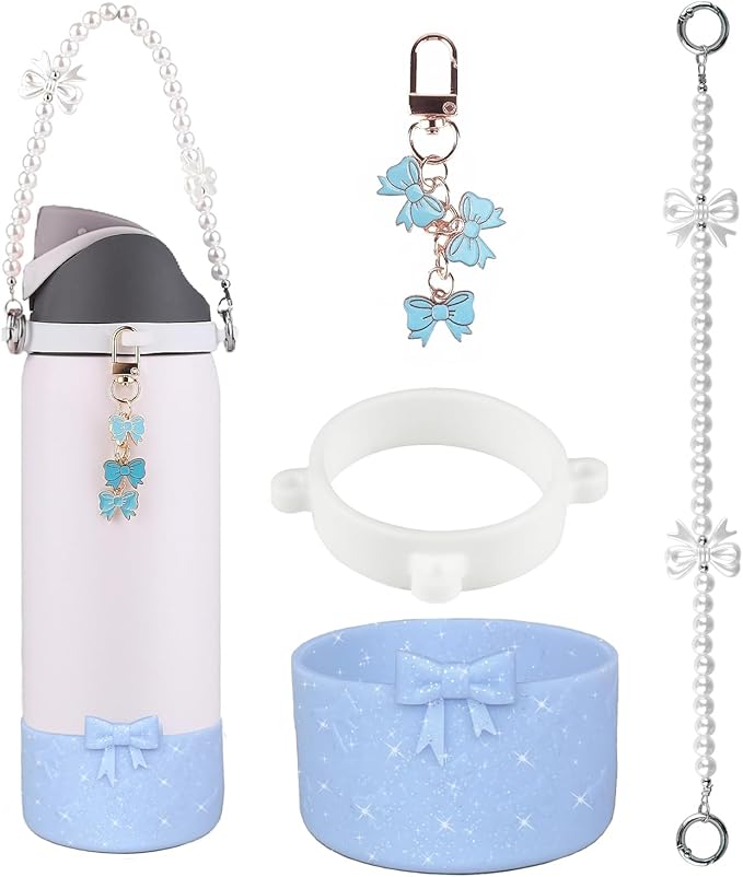 Water Bottle Accessories Set for Owala FreeSip 24oz、32 oz– Includes Pearl Handle Strap, Bow Charms,2.9in .3inch Silicone Bling Boot for Owala Accessories for Women Bloomnest