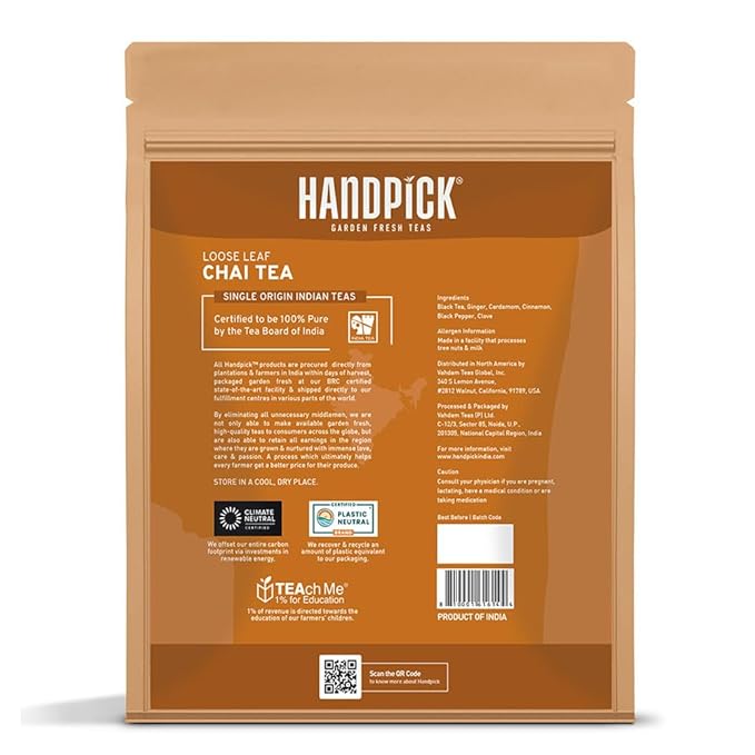 HANDPICK, Premium Chai Tea Loose Leaf (340g/12oz) | Blend Of Black Tea - Masala Chai Tea With Cinnamon, Cardamom, Cloves & Black Pepper | Resealable Ziplock Pouch - Bloomnest