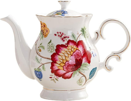 Jomop European Style Ceramic Flower Teapot Coffee Pot Water Pot Porcelain Gift Large 5.5 Cups (1, Blue and Red)