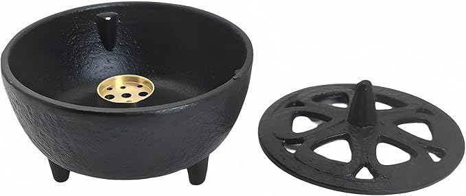 Small Cast Iron Incense Burner Holder, Home Decor, Bowl Design with Decorative Lid, Black Incense for Sticks, Resin, Cone Incense or Wax Melts - Bloomnest