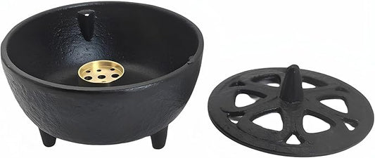 Small Cast Iron Incense Burner Holder, Home Decor, Bowl Design with Decorative Lid, Black Incense for Sticks, Resin, Cone Incense or Wax Melts - Bloomnest