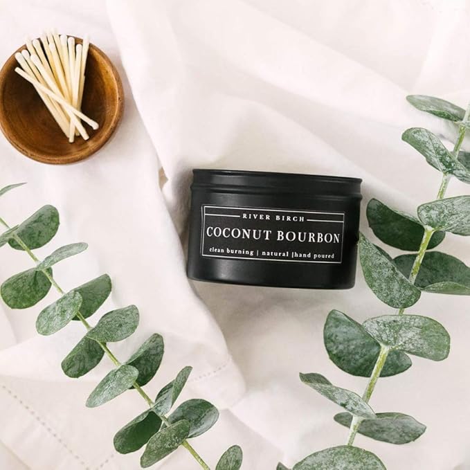 River Birch Candles Coconut Bourbon Scented Candle | Premium, All-Natural, Non-Toxic, Soy Candles | 8 oz. Black Matte Tin Travel Candle | Cozy Relaxing Gifts for Home - Bloomnest