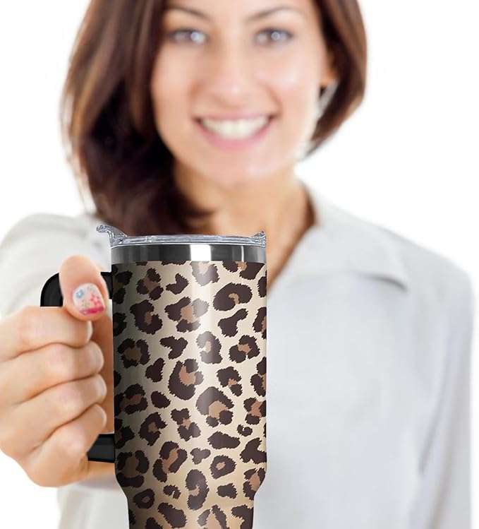 Ceovfoi 40 Oz Tumbler With Handle, Leopard Print Cheetah Coffee Travel Mug Cup, Water Bottle, Decor, Gifts for Women - Bloomnest