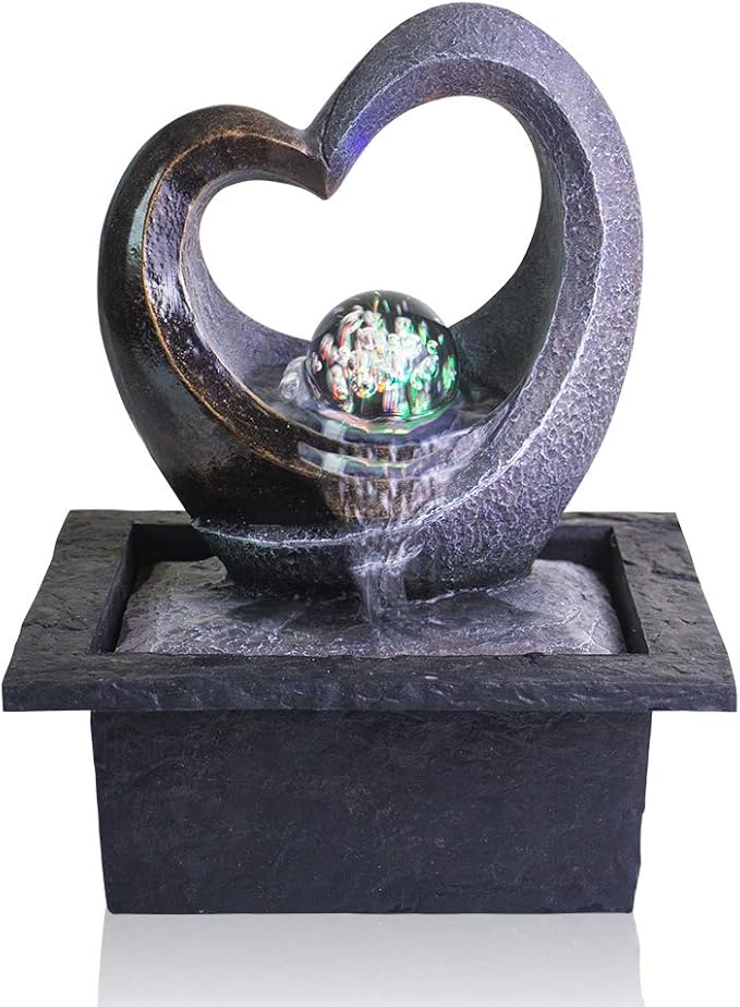 Ferrisland Tabletop Water Fountain, Zen Meditation Indoor Waterfall Fountain, Heart Shape Decoration with LED Light for Home Office Bedroom Relaxation Decor, Gift Ideas - Bloomnest