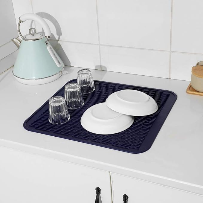 Silicone Dish Drying Mat for Multiple Usage,Easy clean,Eco-friendly,Heat-resistant Silicone Mat for Kitchen Counter or Sink,Refrigerator or Drawer Liner Navy Blue XL 18 inches x 16 inches - Bloomnest
