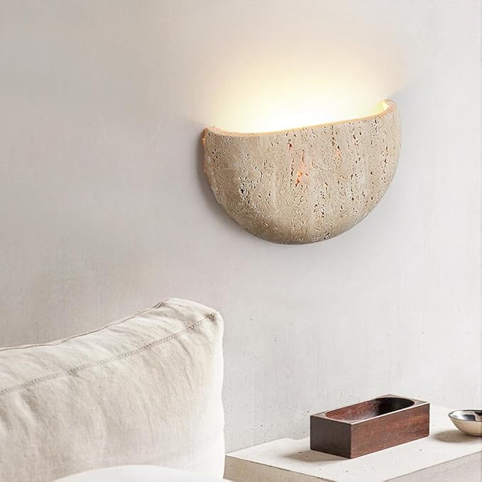 Modern Marble Yellow Travertine Wall Sconce LED G9 3000K Wall Lamp Semi Circle Natural Stone Shade Wall Light Japanese Style Wabi-Sabi Art Lighting Fixture For Farmhouse, Foyer, Entryway, Sta - Bloomnest