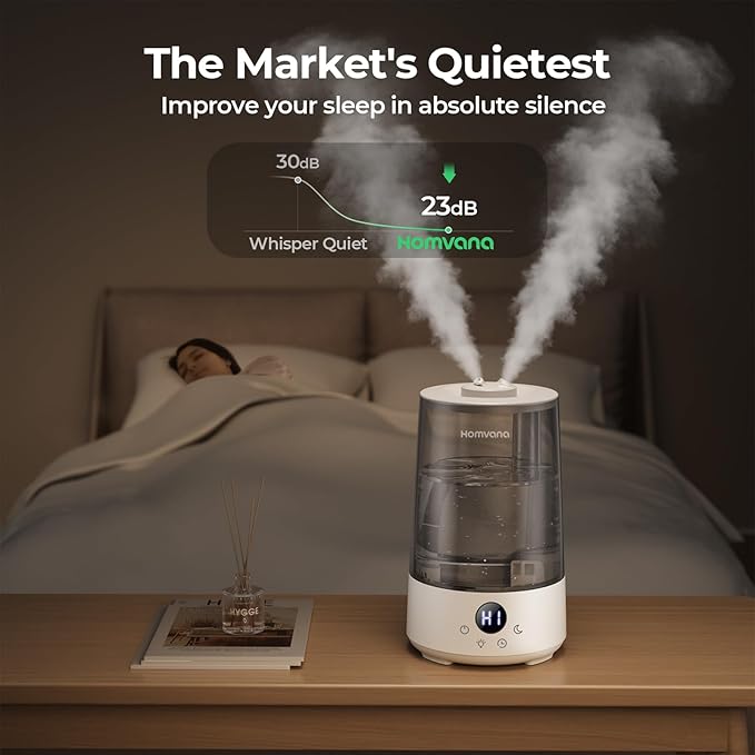Homvana Humidifiers for Bedroom Home, 3.6 L Cool Mist Top-Fill 34H Super Long Time, Quiet 23dB, Baby Humidifier, Oil Diffuser for Large Room, House, Plant, Nursery, Office, BPA FREE, Ultrasonic (Grey) - Bloomnest
