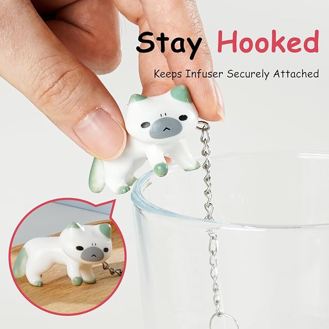 Calico Cat Tea Infuser Set - Adorable Tricolor Kitty Hook, Fine Mesh Loose Leaf Tea Steeper, Stainless Steel, No Mess, 1 Pack (Cat Lounging in Green and White)