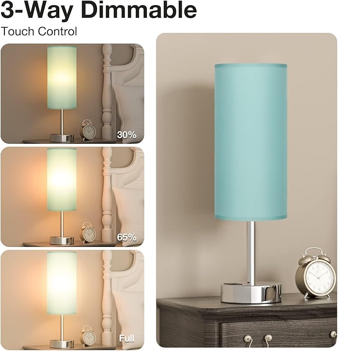 Teal Touch Bedside Lamps for Bedroom - Small Coastal Nightstand Lamp with USB-C and USB A Charging Ports, 3 Way Dimmable Control Table Lamp for Office, Dorm with Fabric Shade Silver Base - Bloomnest