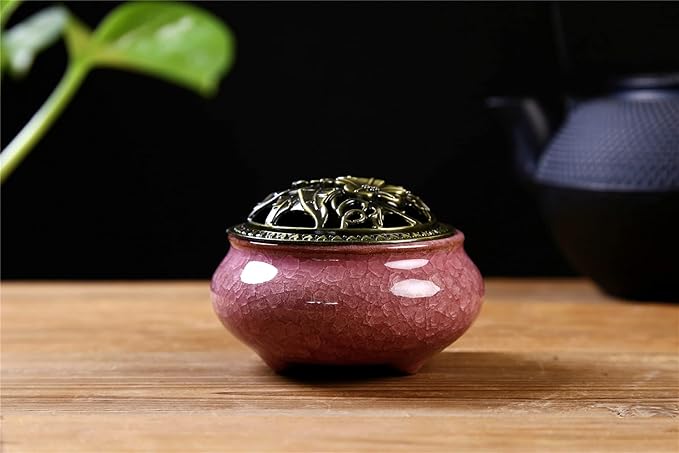 Ceramic Incense Burner with Incense Stick Holder + Insulation use for Stick or Coil Incense, Sage Cones and Frankincense (Violet) - Bloomnest